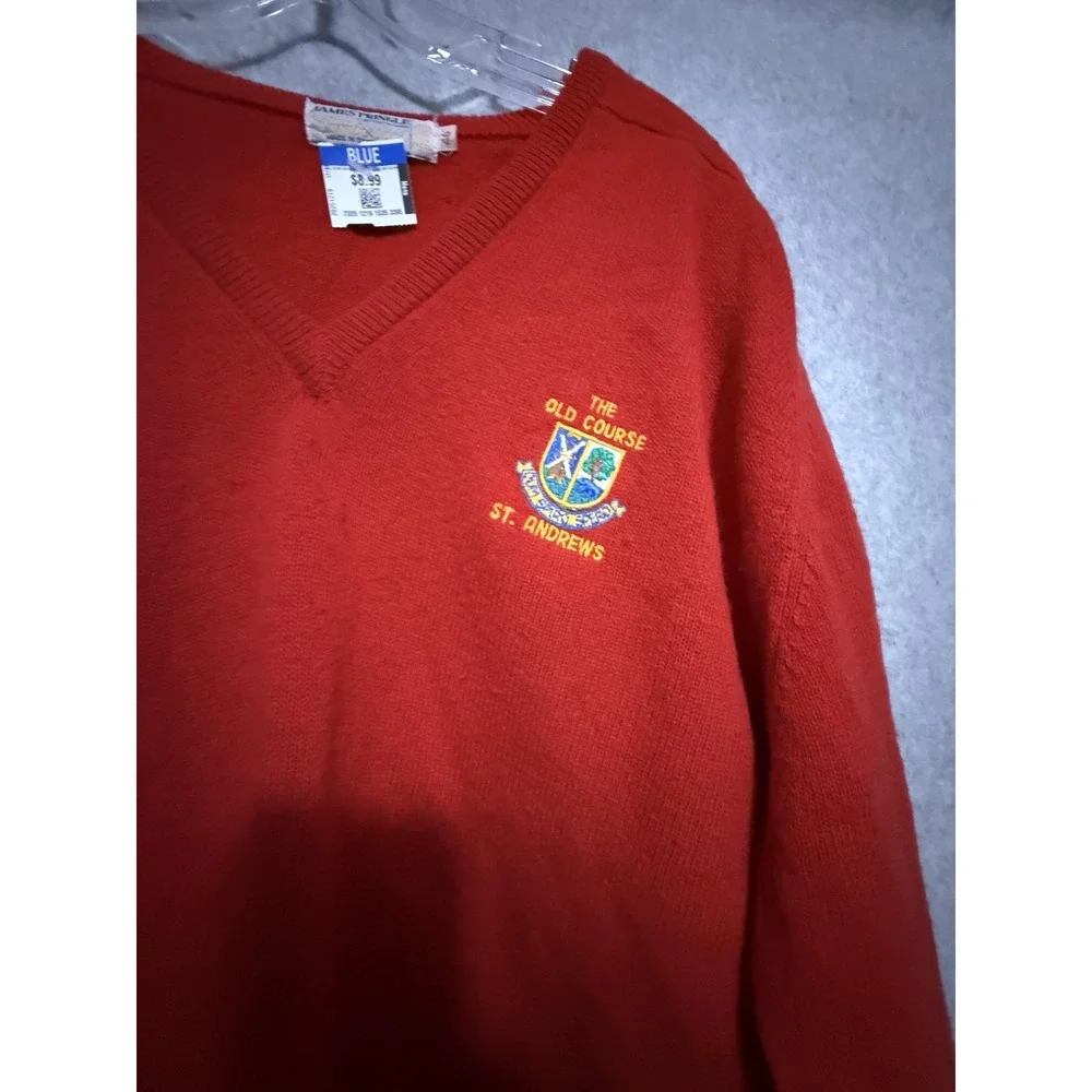 Vintage James Pringle Red Sweater Mens XL Lambswool V Neck Old Course St Andrews